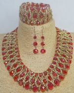 Beautiful Pink Bib Choker Chunky Glass Beaded Necklace, Bracelet, Earrings Set